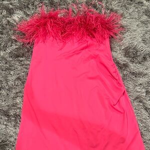 Vibrant Pink Feather Trim Dress Blue B large